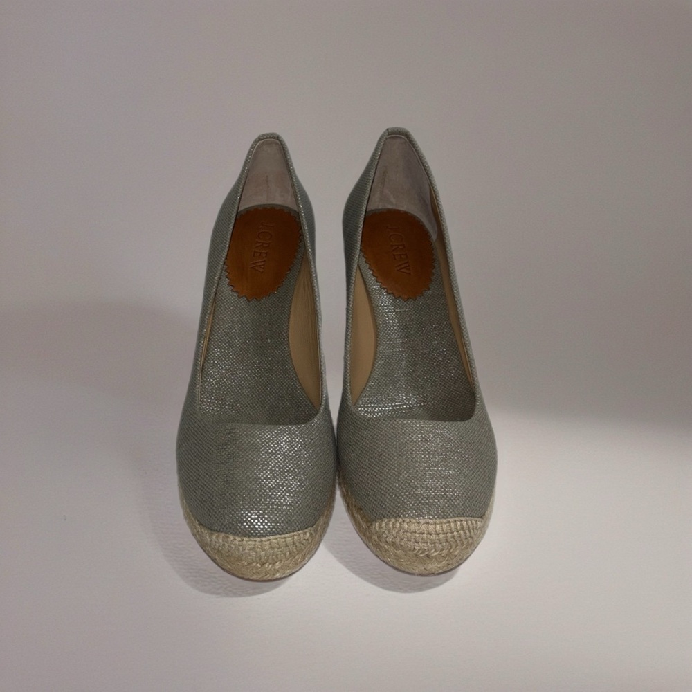 J. Crew Silver Metallic Espadrille Wedge Pumps